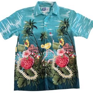 Vintage RJC Hawaii Mens Small Hawaiian Shirt Tropical Cocktail Palm Print